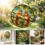 Two Red Squirrels on a Pine Branch Stained Glass Suncatcher