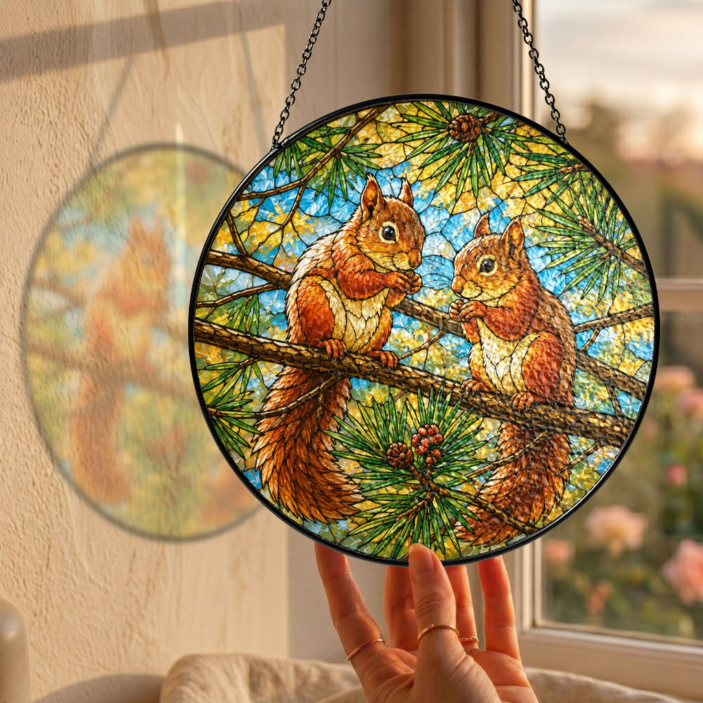 Two Red Squirrels on a Pine Branch Stained Glass Suncatcher