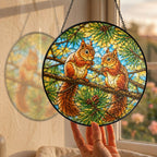 Two Red Squirrels on a Pine Branch Stained Glass Suncatcher