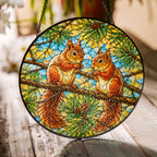 Two Red Squirrels on a Pine Branch Stained Glass Suncatcher