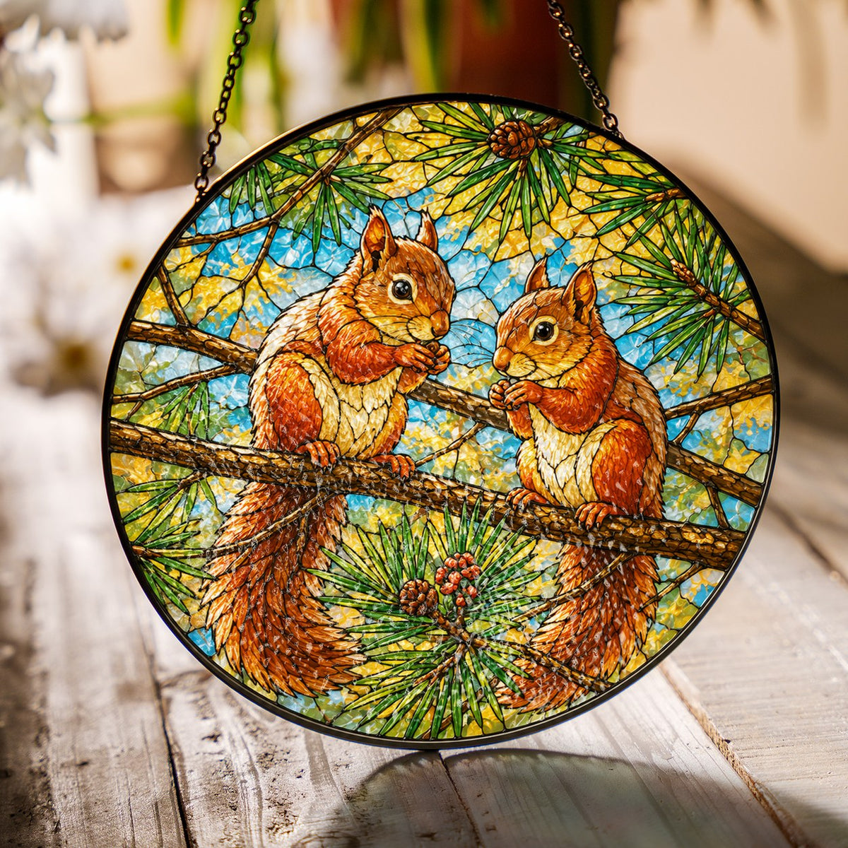 Two Red Squirrels on a Pine Branch Stained Glass Suncatcher