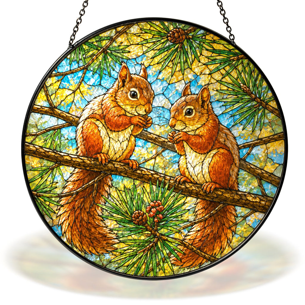 Two Red Squirrels on a Pine Branch Stained Glass Suncatcher