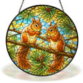 Two Red Squirrels on a Pine Branch Stained Glass Suncatcher
