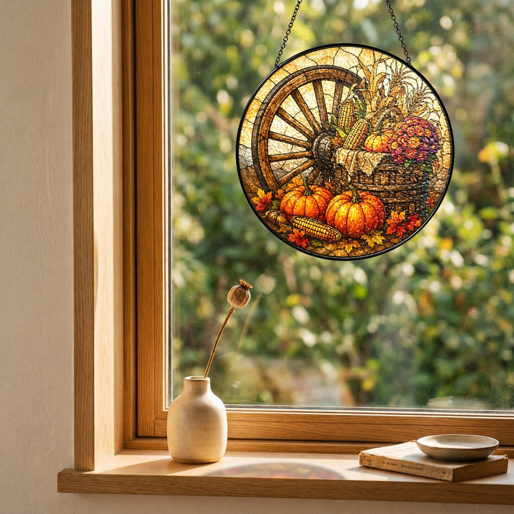 Autumn harvest wagon wheel and pumpkins stained glass suncatcher hanging in a window