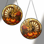 Autumn Harvest Wagon Wheel & Pumpkins Stained Glass Suncatcher