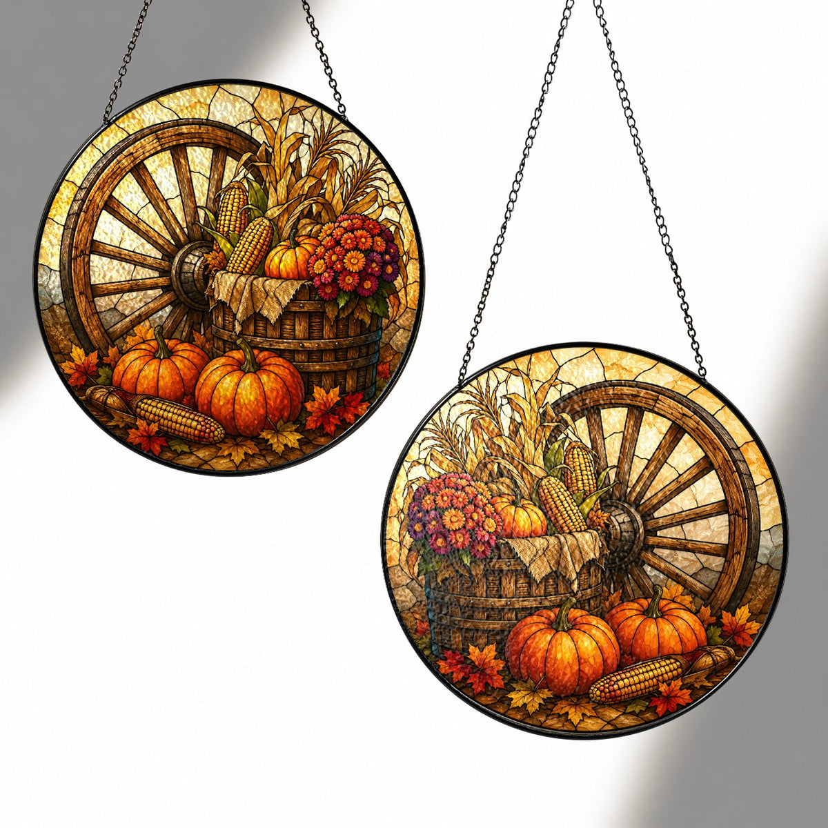 Autumn Harvest Wagon Wheel & Pumpkins Stained Glass Suncatcher