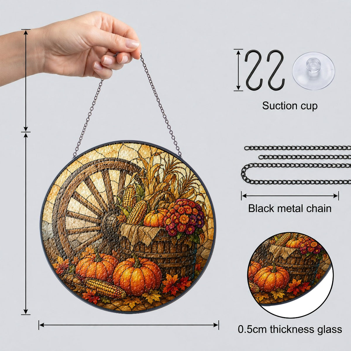 Autumn Harvest Wagon Wheel & Pumpkins Stained Glass Suncatcher