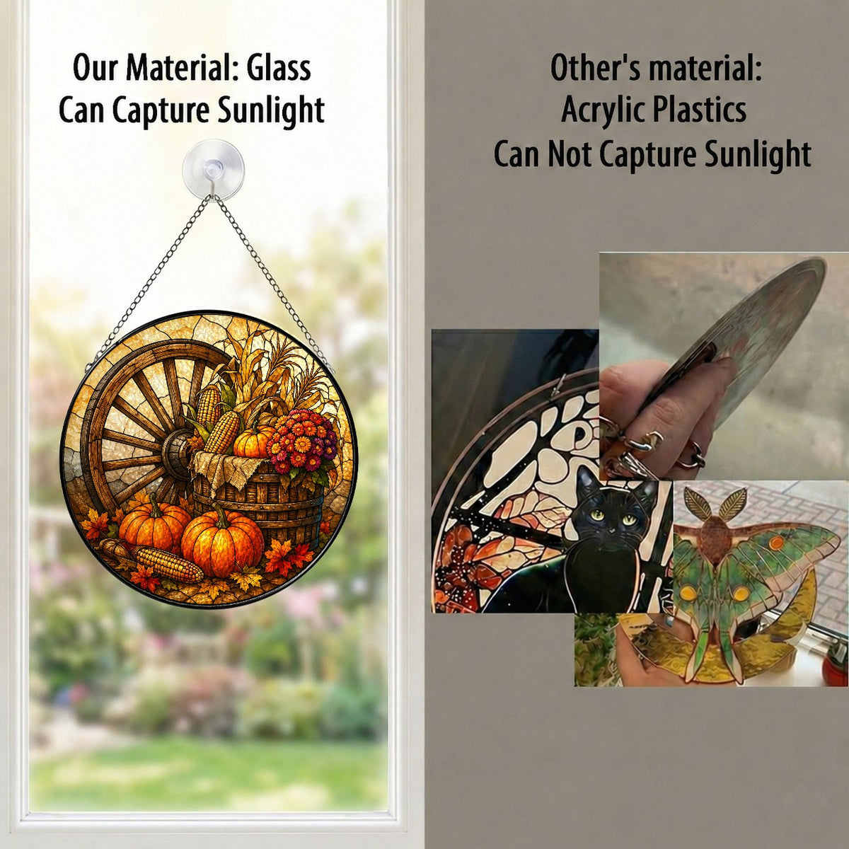 Autumn Harvest Wagon Wheel & Pumpkins Stained Glass Suncatcher