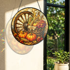 Autumn Harvest Wagon Wheel & Pumpkins Stained Glass Suncatcher