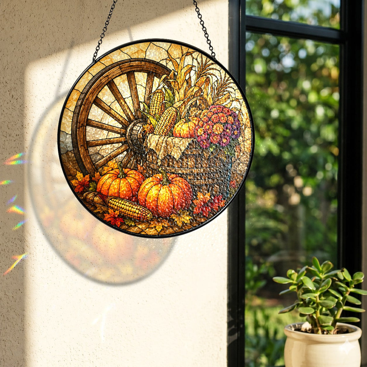 Autumn Harvest Wagon Wheel & Pumpkins Stained Glass Suncatcher