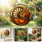 Autumn Harvest Wagon Wheel & Pumpkins Stained Glass Suncatcher