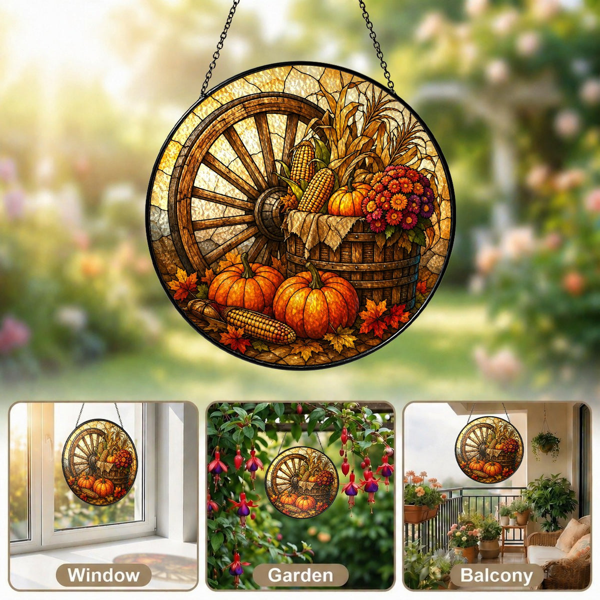 Autumn Harvest Wagon Wheel & Pumpkins Stained Glass Suncatcher