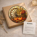 Autumn Harvest Wagon Wheel & Pumpkins Stained Glass Suncatcher