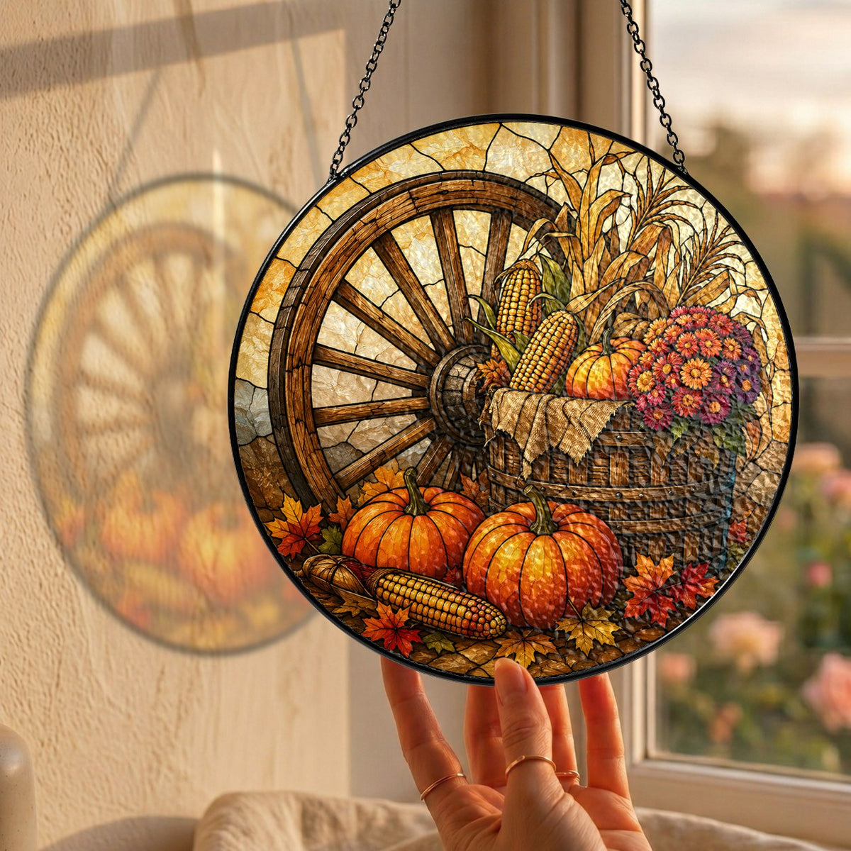 Autumn Harvest Wagon Wheel & Pumpkins Stained Glass Suncatcher
