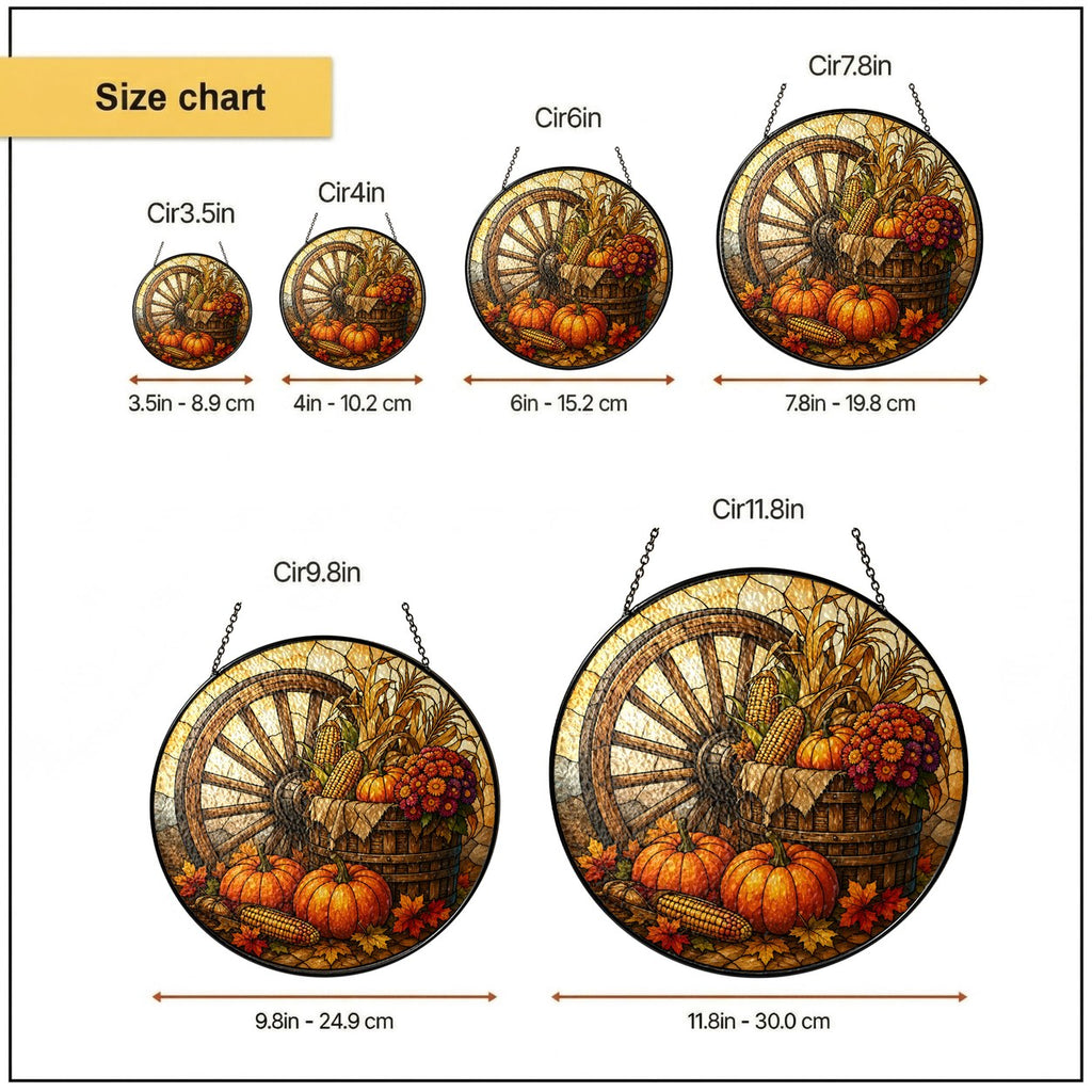 Autumn Harvest Wagon Wheel & Pumpkins Stained Glass Suncatcher