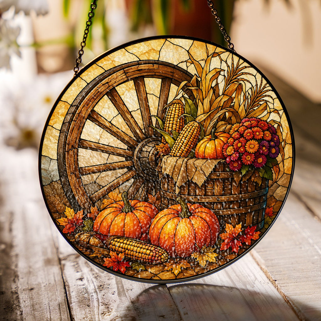 Autumn Harvest Wagon Wheel & Pumpkins Stained Glass Suncatcher