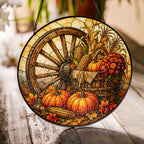 Autumn Harvest Wagon Wheel & Pumpkins Stained Glass Suncatcher