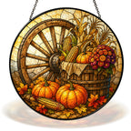 Autumn Harvest Wagon Wheel & Pumpkins Stained Glass Suncatcher