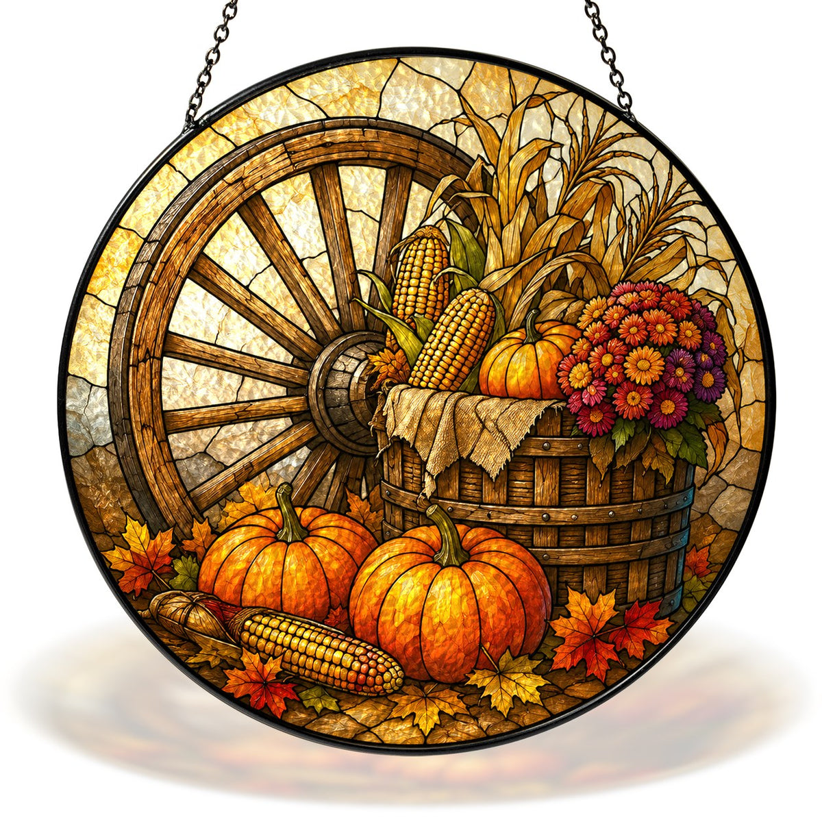 Autumn Harvest Wagon Wheel & Pumpkins Stained Glass Suncatcher