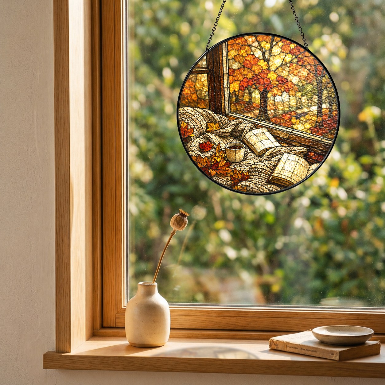 Cozy autumn reading nook with blanket and book stained glass suncatcher hanging in a window