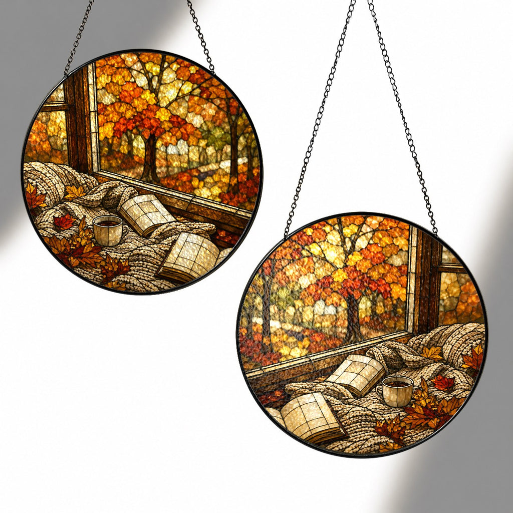 Cozy Autumn Reading Nook Stained Glass Suncatcher