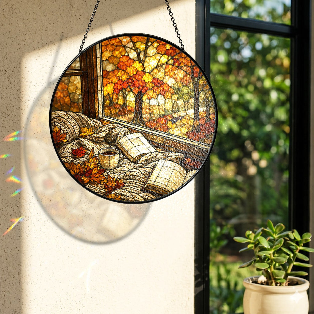 Cozy Autumn Reading Nook Stained Glass Suncatcher