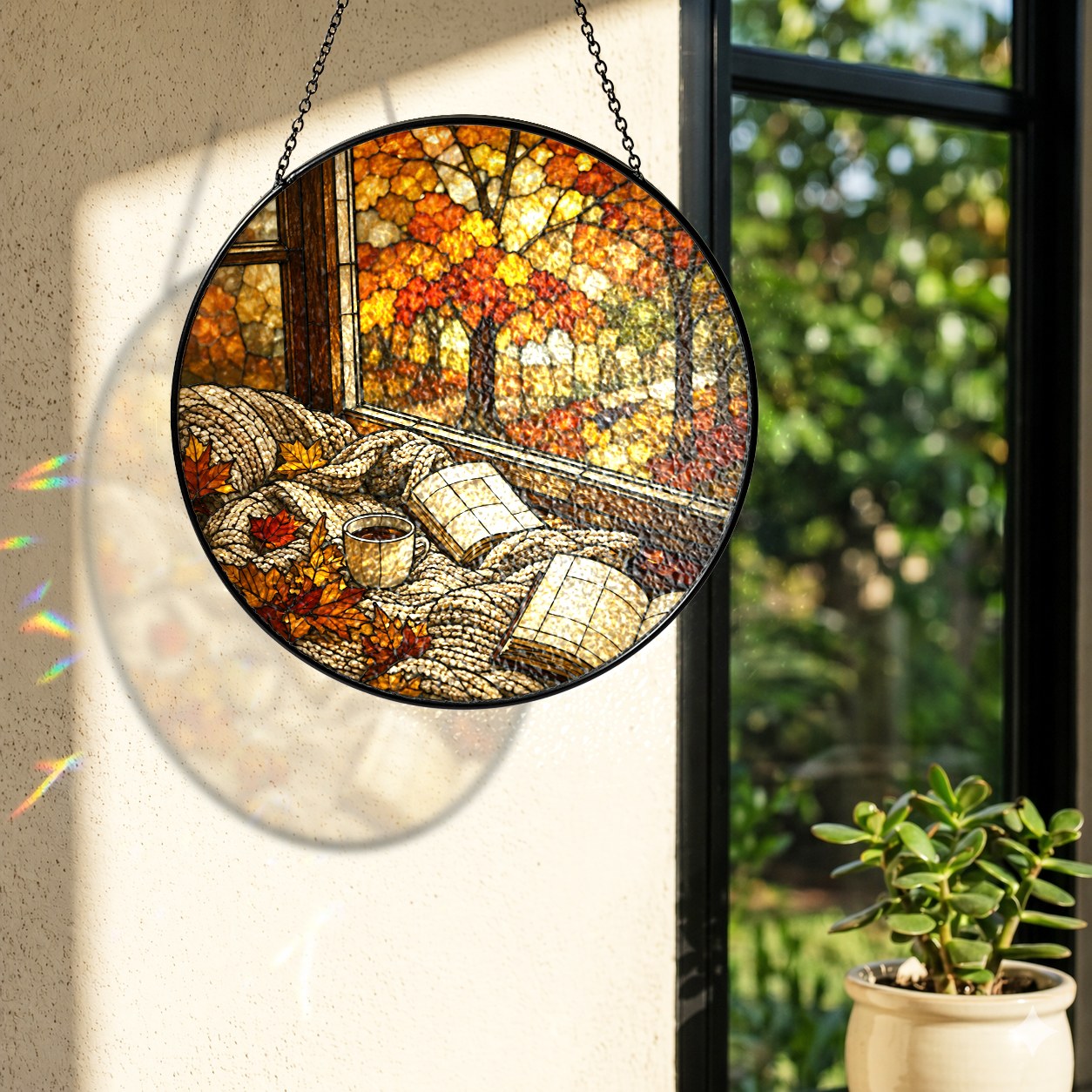 Cozy Autumn Reading Nook Stained Glass Suncatcher