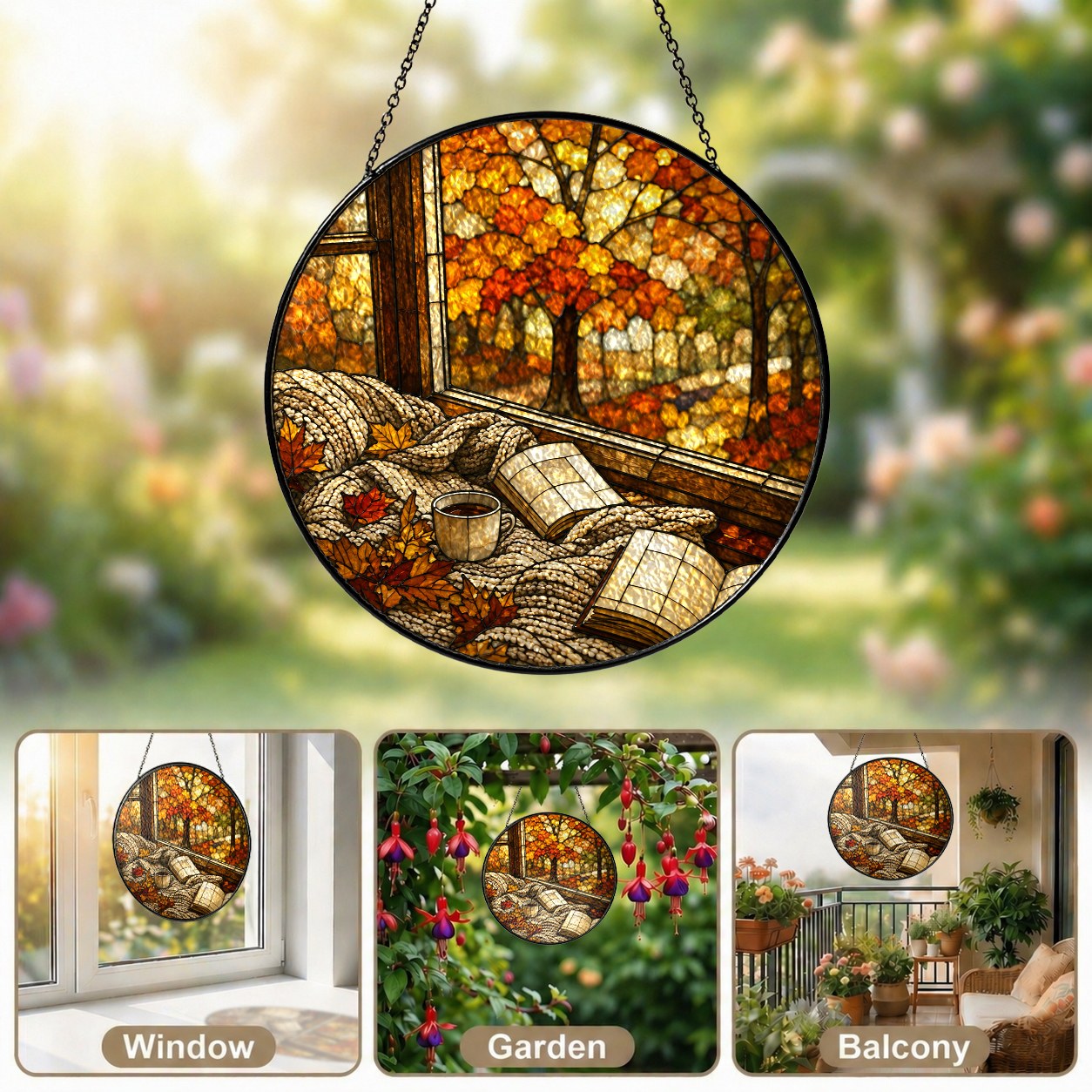 Cozy Autumn Reading Nook Stained Glass Suncatcher