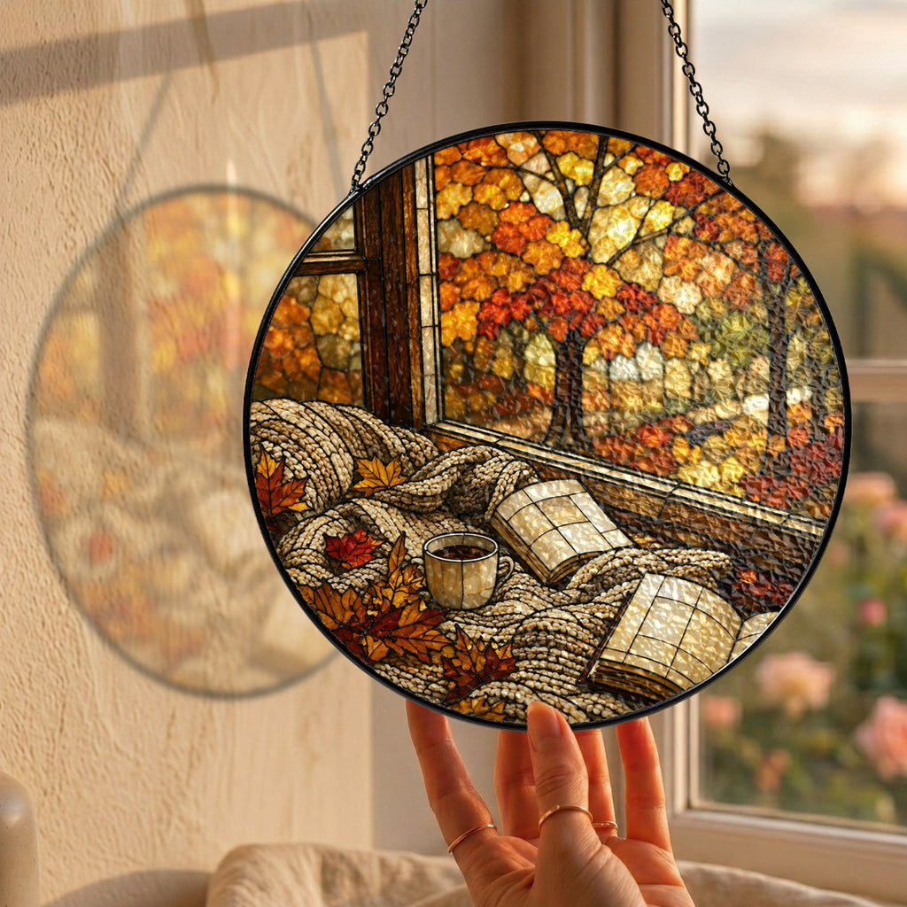Cozy Autumn Reading Nook Stained Glass Suncatcher