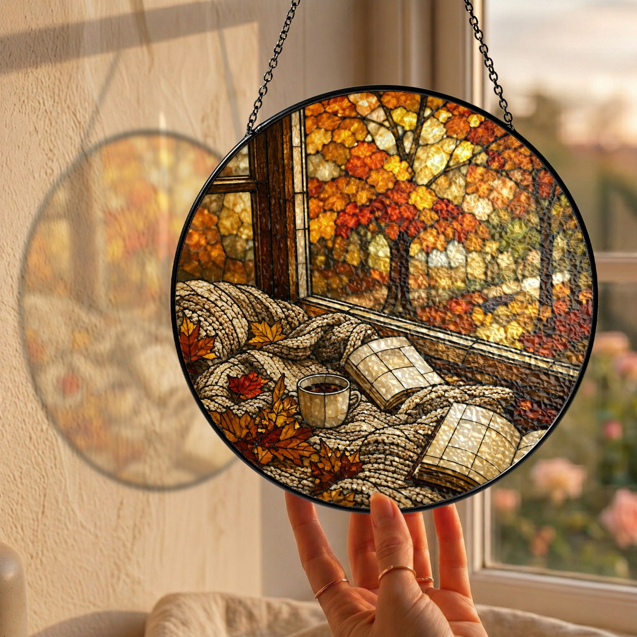 Cozy Autumn Reading Nook Stained Glass Suncatcher
