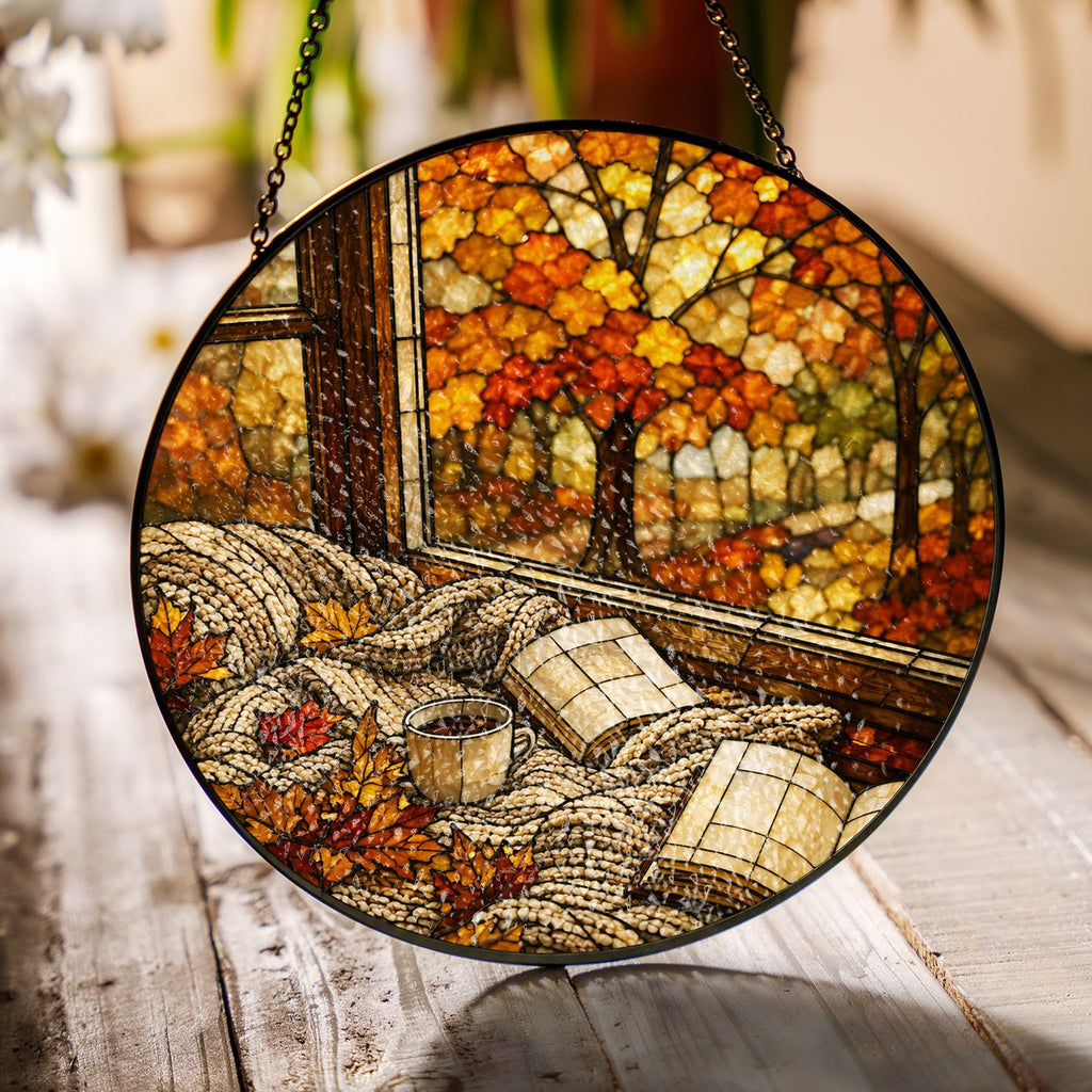 Cozy Autumn Reading Nook Stained Glass Suncatcher