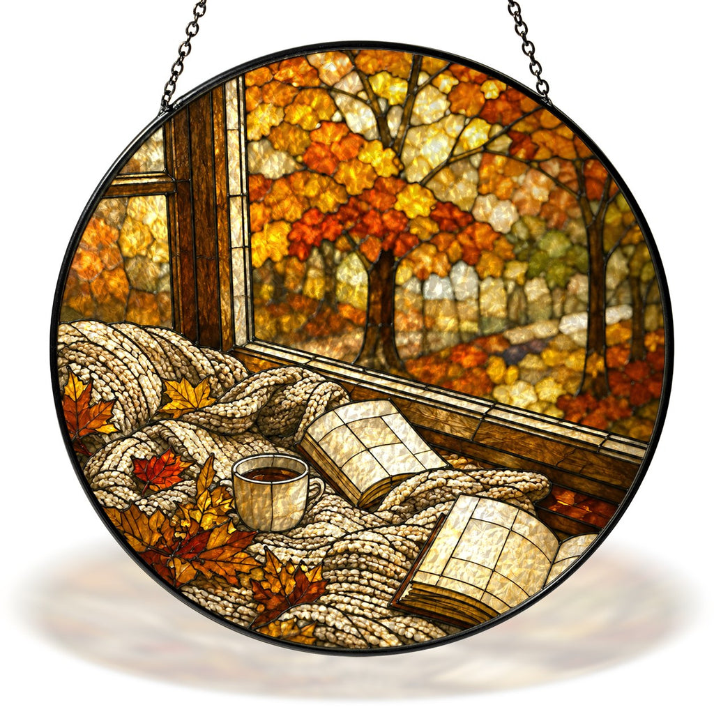 Cozy Autumn Reading Nook Stained Glass Suncatcher