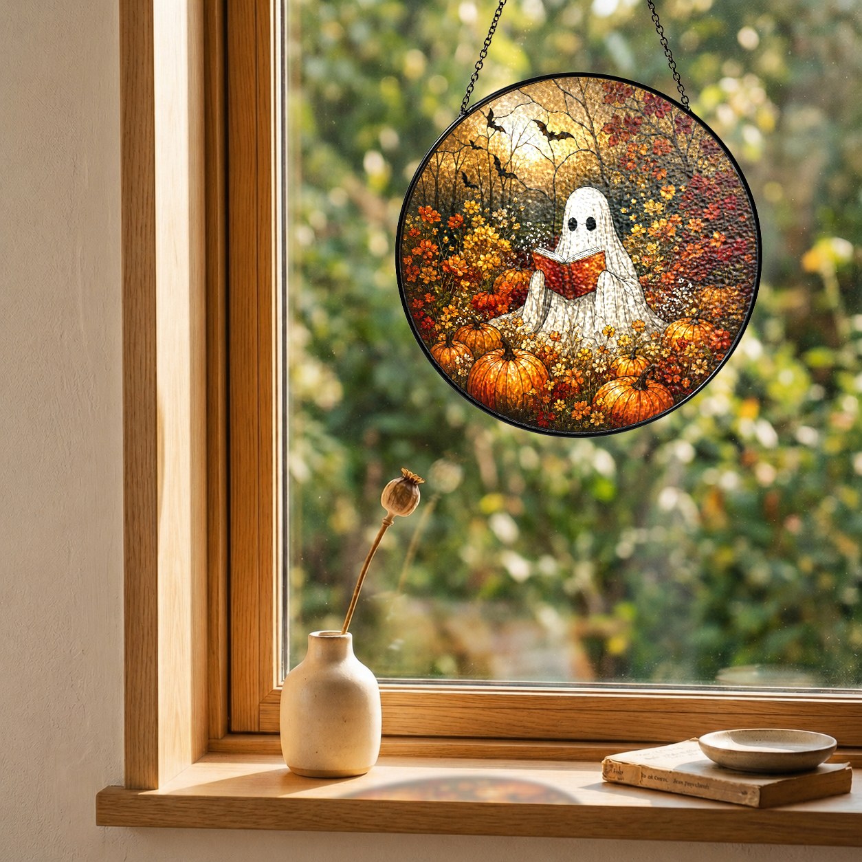 Ghost reading a book in a pumpkin field stained glass suncatcher hanging in a window