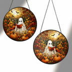 Ghost Reading a Book in a Pumpkin Field Stained Glass Suncatcher