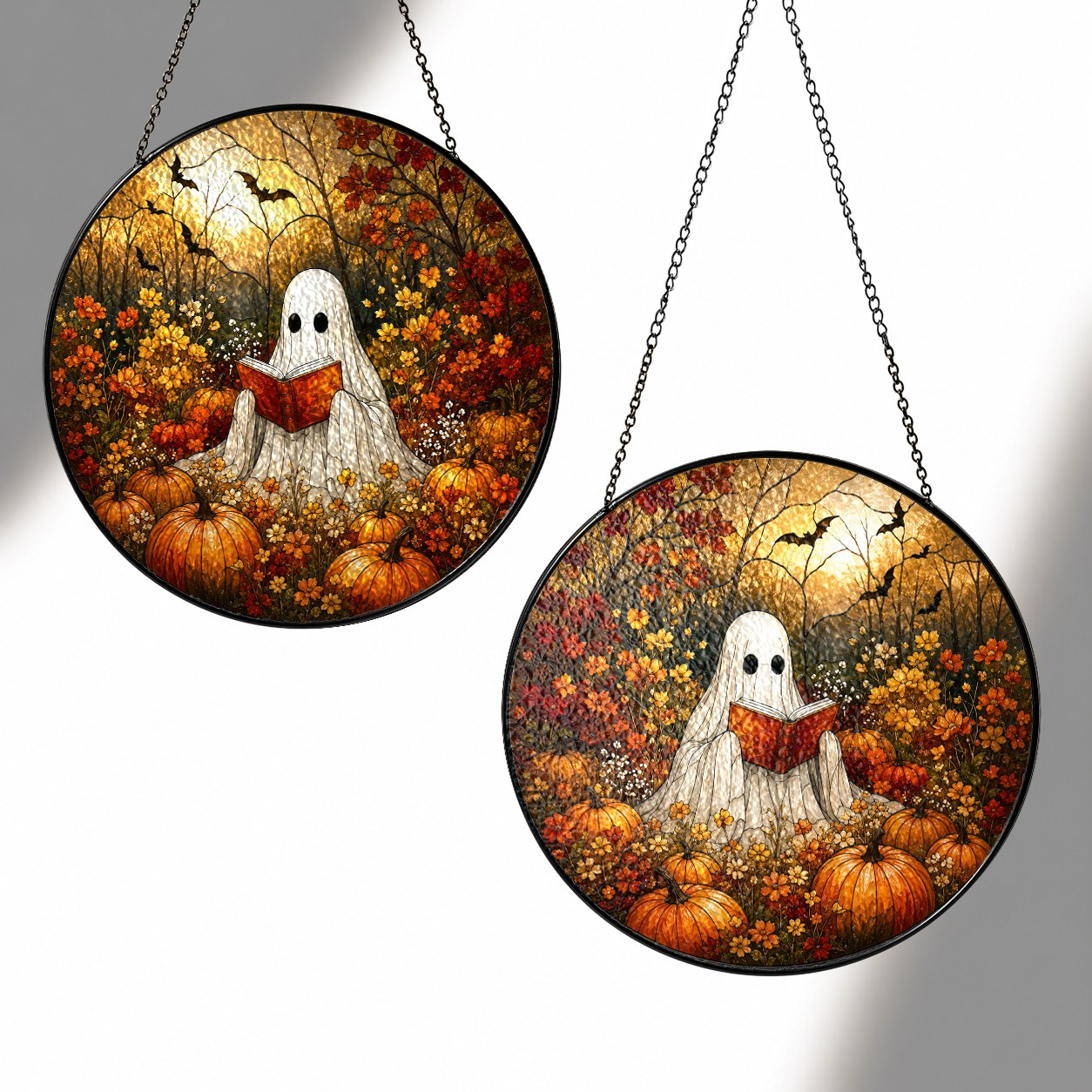 Ghost Reading a Book in a Pumpkin Field Stained Glass Suncatcher