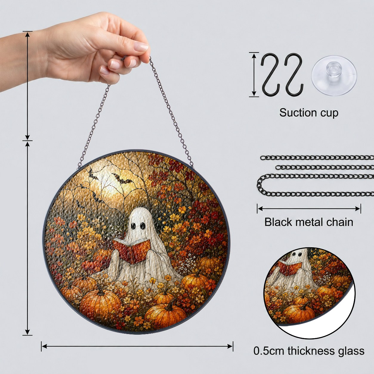 Ghost Reading a Book in a Pumpkin Field Stained Glass Suncatcher