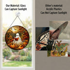 Ghost Reading a Book in a Pumpkin Field Stained Glass Suncatcher