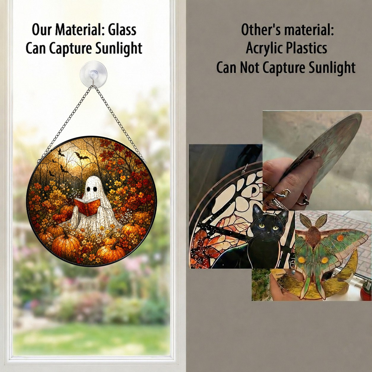 Ghost Reading a Book in a Pumpkin Field Stained Glass Suncatcher