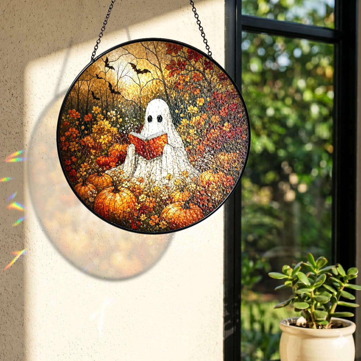 Ghost Reading a Book in a Pumpkin Field Stained Glass Suncatcher