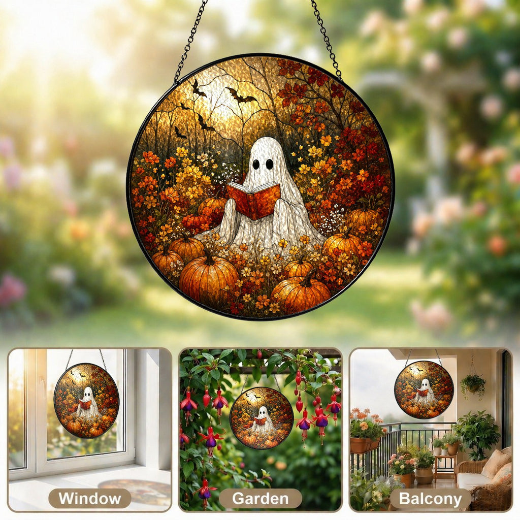 Ghost Reading a Book in a Pumpkin Field Stained Glass Suncatcher