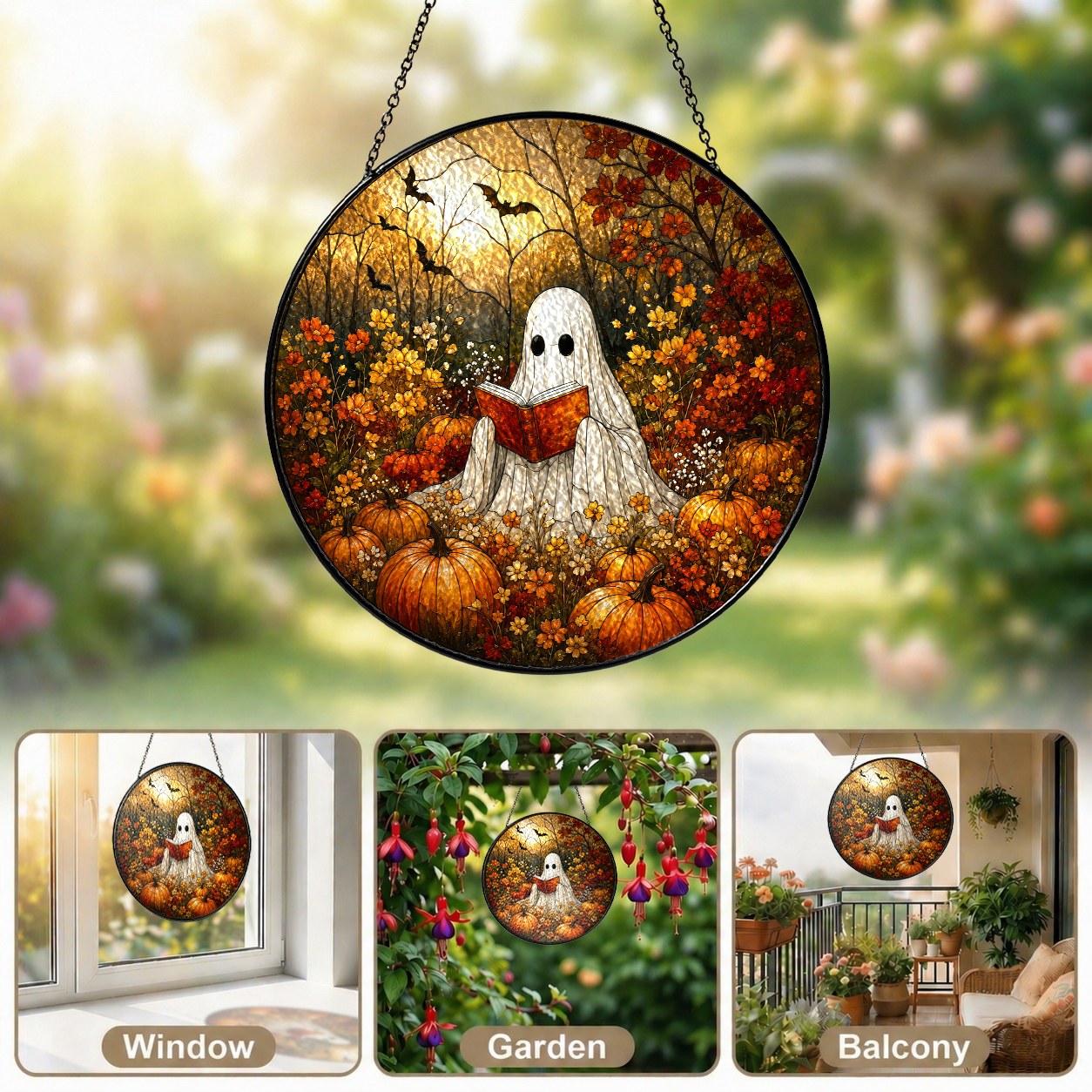 Ghost Reading a Book in a Pumpkin Field Stained Glass Suncatcher