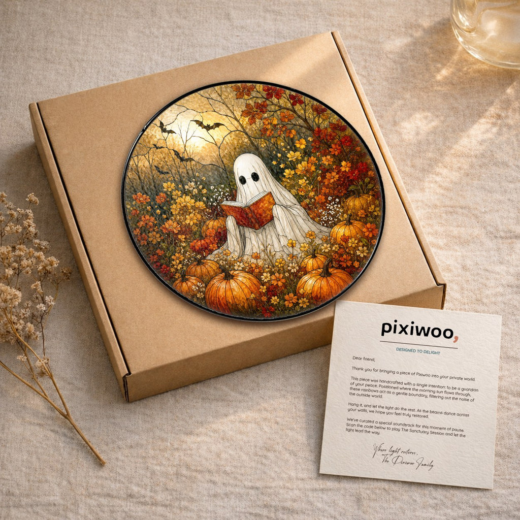 Ghost Reading a Book in a Pumpkin Field Stained Glass Suncatcher
