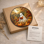 Ghost Reading a Book in a Pumpkin Field Stained Glass Suncatcher