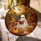 Ghost Reading a Book in a Pumpkin Field Stained Glass Suncatcher