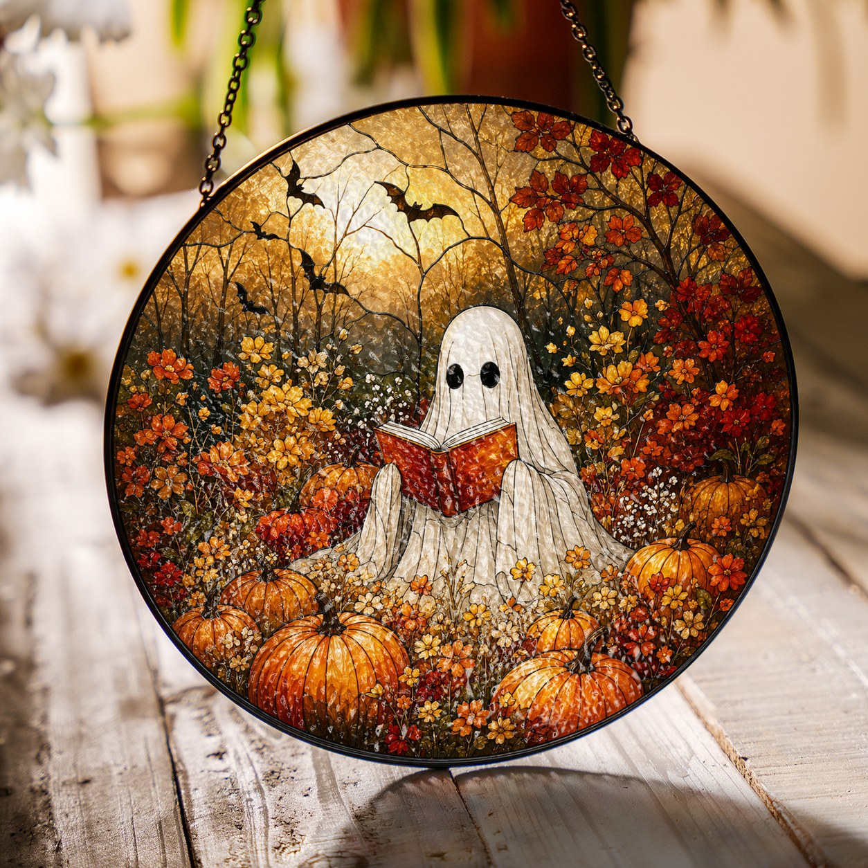 Ghost Reading a Book in a Pumpkin Field Stained Glass Suncatcher