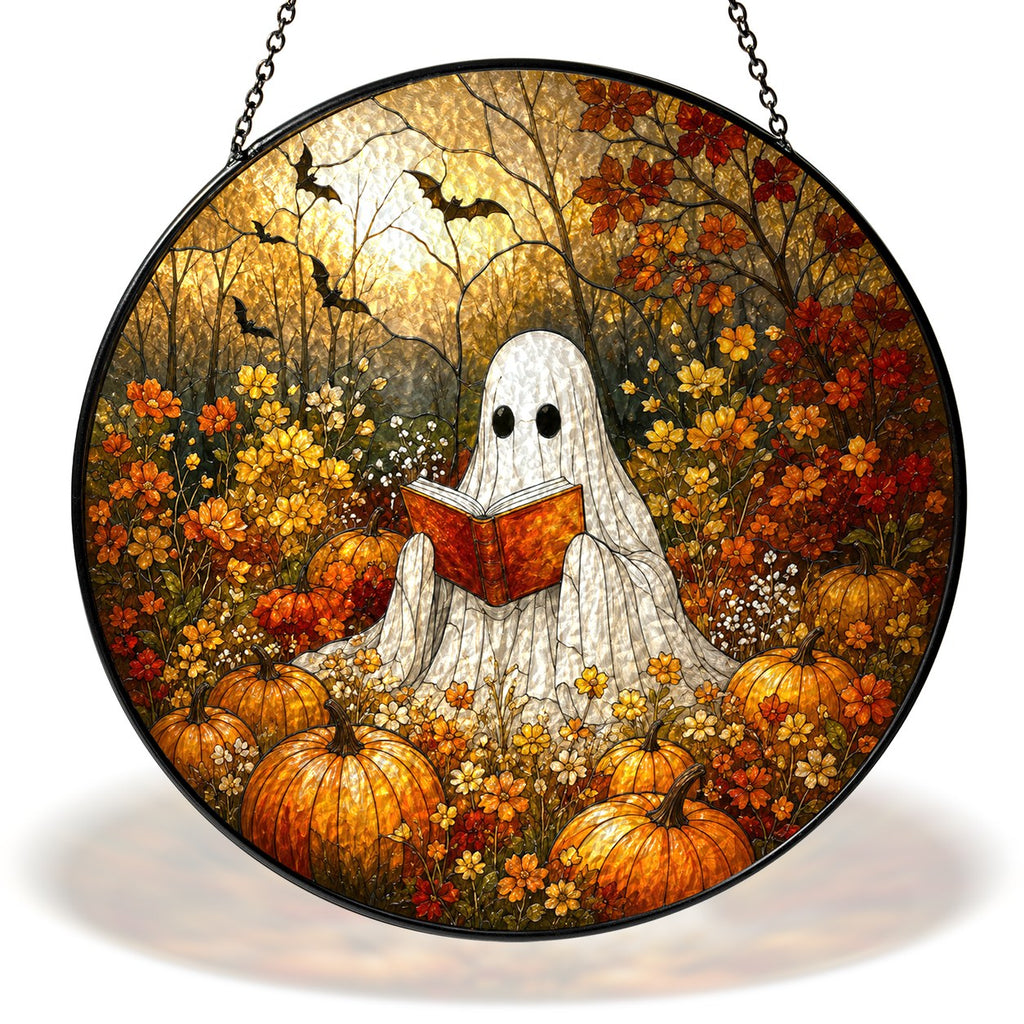 Ghost Reading a Book in a Pumpkin Field Stained Glass Suncatcher