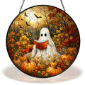 Ghost Reading a Book in a Pumpkin Field Stained Glass Suncatcher