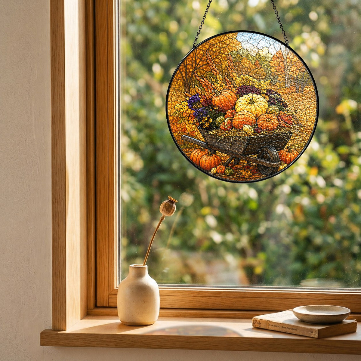 Wheelbarrow full of pumpkins in an autumn forest stained glass suncatcher hanging in a window