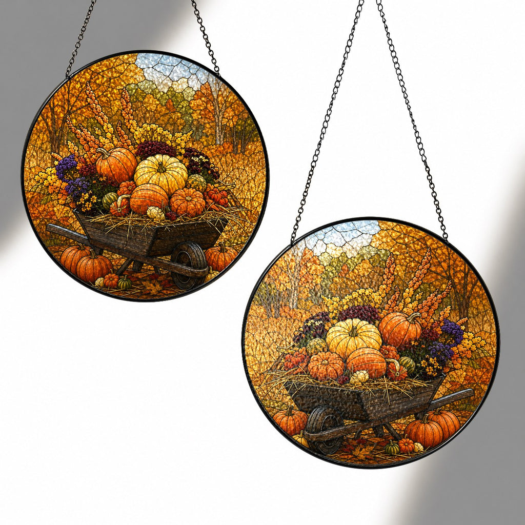 Pumpkin Wheelbarrow Autumn Stained Glass Suncatcher