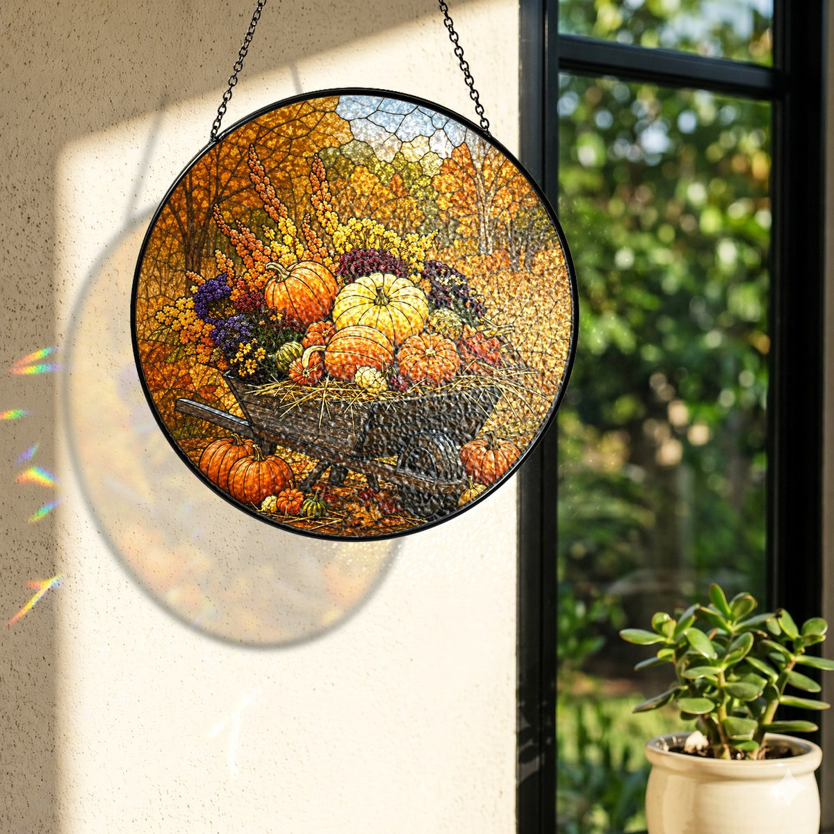 Pumpkin Wheelbarrow Autumn Stained Glass Suncatcher